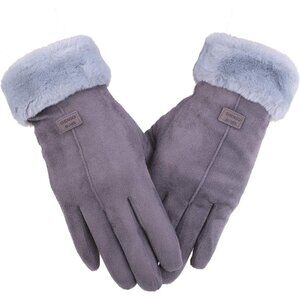 Women's Faux Leather Style A Grey Fleece Fur Cuffs Winter Warm Gloves